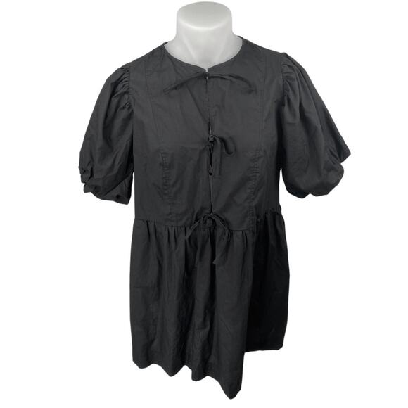 NEW H&M Black Short Puff Sleeve Lace Up Crew Neck Mini A Line Dress Size XL - Picture 1 of 4